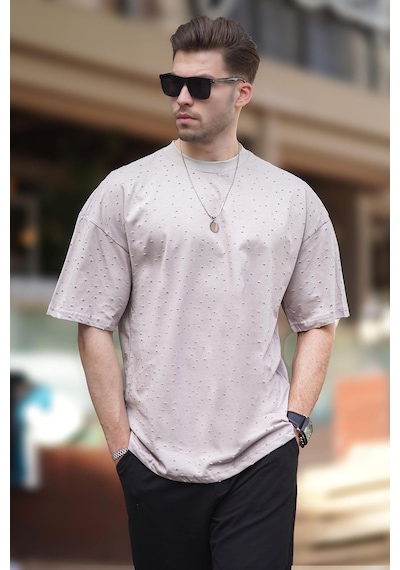 Madmext Bej Oversize Yırtık Deyatlı Pamuklu Tişört 7032-bej Bej