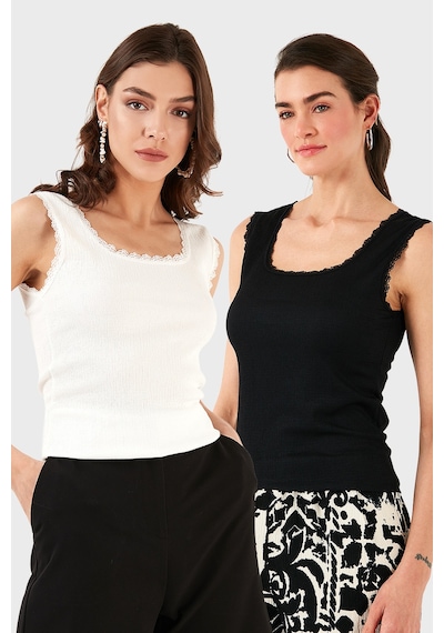 Lela Slim Fit Kalın Dantelli Kare Yaka Bürümcük 2'Li Paket Bayan Atlet 5864979S2 Siyah-Ekru