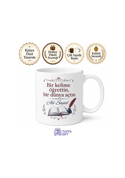 Türkçe Öğretmeni İçin Kahve Kupası Özel Tasarım Baskılı Hediye Bardak Beyaz / Çok Renkli