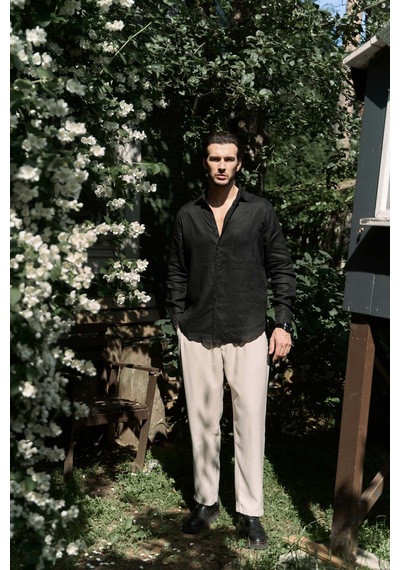 Mai Collection Mai Studios Co. Ombretta Siyah Keten Oversize Erkek Gömlek Siyah