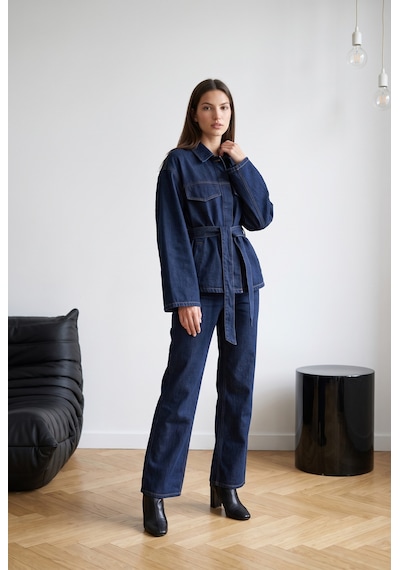 Unika Boutique Kadın Kuşaklı Denim Ceket Ve Pantolon Takım Çok Renkli
