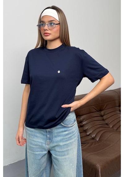 Giysa Kadın Gümüş Aksesuar Detaylı Pamuklu T-shirt Lacivert - 26y 26510
