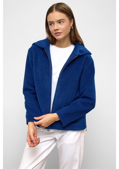 Olcay Kapüşonlu Fermuar Detaylı Oversize Kısa Kaban Saks 3130 Saks Mavi