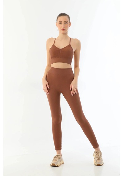 L'ombre Kahve Mı Emay 3921 Soft Seamless Ripli Tayt Yoga Takımı
