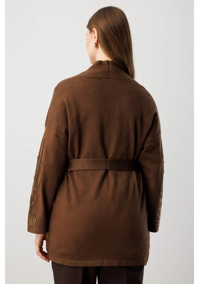 On Fashion Kadın Kolları Taşlı Kuşaklı Triko Kahverengi Hırka 60902 Kahve