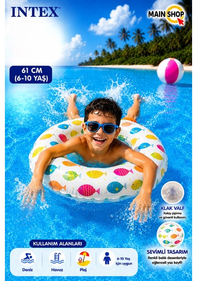 Mainshop Intex Çocuk Deniz Simidi 61 Cm - Havuz Simidi 6-10 Yaş M-59241