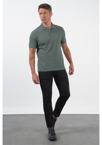 Haki Polo Yaka Kısa Kol Cepli Comfort Fit Pamuklu Tişört 1011260155