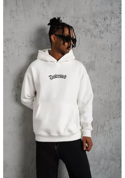 Yake Store Erkek Üç İplik Baskılı Kapüşonlu Sweat - Beyaz - Beyaz