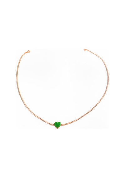 Renkli Taşlı Kalpli Su Yolu Zincirli Gümüş Choker Rose Gold