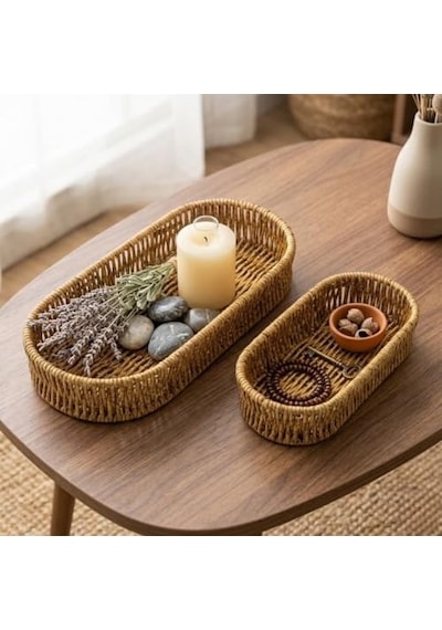 Deinhaus Oval Hasır Örgü Dekoratif Sepet Tepsisi, Doğal Renk, 2'li Set, Büyük 28x10x5 Cm, Küçük 24x9x5 Cm Diğer