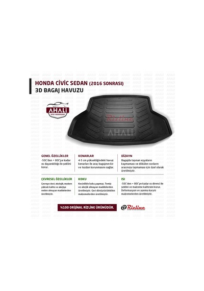Rizline Honda Civic Sedan 2016 Sonrası 3D Bagaj Havuzu+Araç Koku