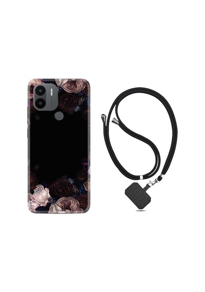 Xiaomi Redmi A1 Kılıf İpli Boyun Askılı Desenli Silikon Dark Flowers 1906