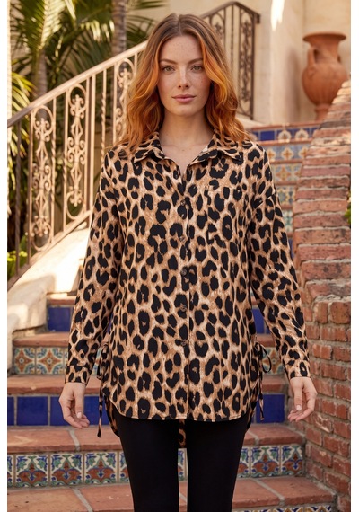 Soulshae Leopar Desenli Uzun Kollu Yakalı Bluz