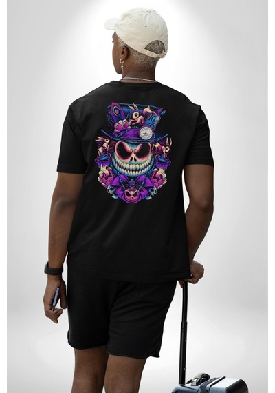The Mad Skeleton Karakter Pamuklu Unisex Oversize Sırt Dijital Baskılı Siyah T-shirt Siyah