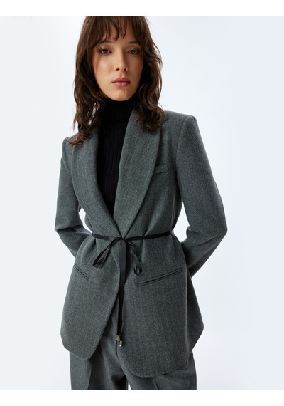 Koton Blazer Ceket Kruvaze Ters Yaka Fiyonk Detaylı Cepli Gri 5wak50099uw Gri