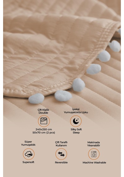 Evlen Home Collection Ponponlu Çift Kişilik %100 Pamuk Yatak Örtüsü Pike Takımı Bej