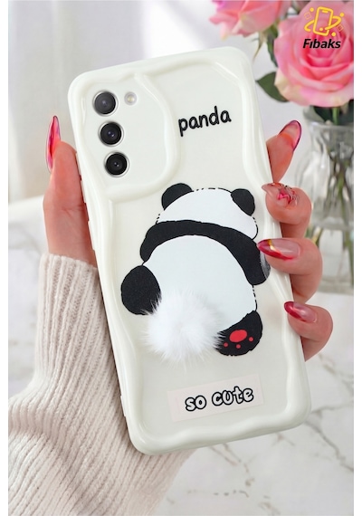 Fibaks Galaxy S21 Fe Uyumlu Kılıf Tasarımlı Desenli Kamera Korumalı Panda Beyaz Püsküllü Silikon Kapak