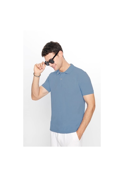 Tudors Erkek Slim Fit Dar Kesim Pamuklu Yumuşak Dokulu Serin Tutan Kumaş Düz Pike Mavi Polo Yaka Tişört-33698 Mavi