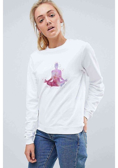 Sıcak Yoga Lotus Pozisyonu Baskılı Beyaz Kadın Sweatshirt (534805380)