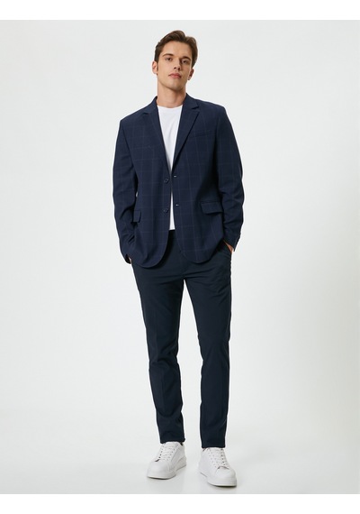 Koton Blazer Ceket Ekose Kapaklı Cepli Düğmeli Regular Fit Lacivert Ekose 5wam50009hw Lacivert