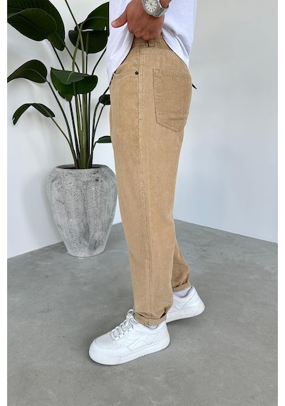 Krem Kadife Fitilli Regular Pantolon Krem