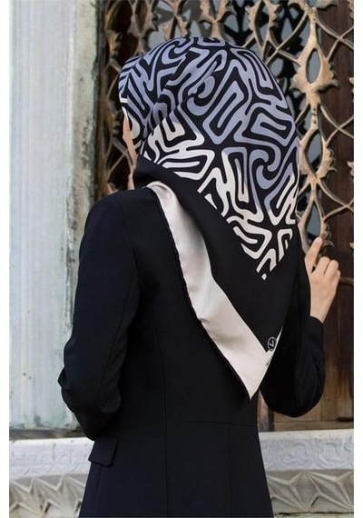 Vissona Twill İpek Eşarp 51373 - 7 - 0001 - 0028 Siyah Gri Soyut Desen Siyah