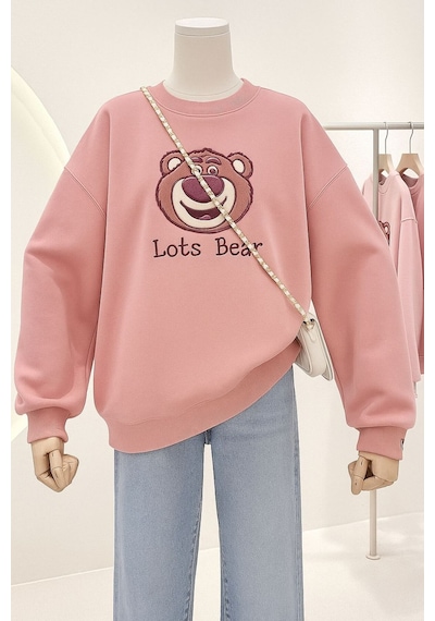 Benroma 3 İplik Penye Lost Bear Baskılı Unisex Sweatshırt Pembe