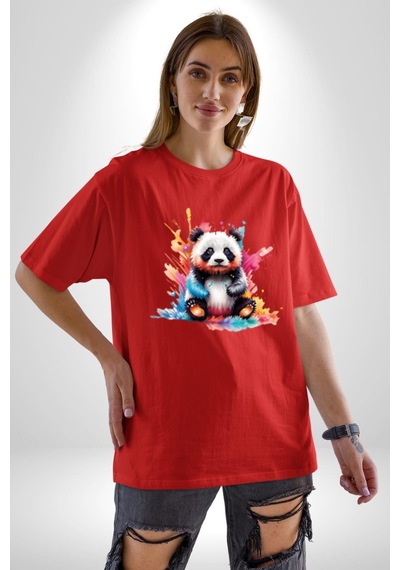 Renkli Yavru Panda Pamuklu Bisiklet Yaka Unisex Oversize Boyfriend Dijital Baskılı Kırmızı T-shirt Kırmızı