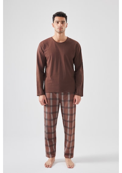 Koza İç Giyim Erkek Pamuklu Uzun Kollu Ekose Desenli Pijama Takımı Ke77614 Kahverengi