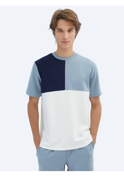 Mavi Düz Bisiklet Yaka T-shirt Mavi