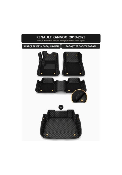 Renault Kangoo 2013-2023 Uyumlu 8d Çift Katmanlı Paspas + Bagaj Havuzu Seti Siyah