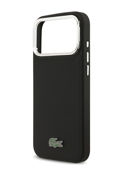 Apple Uyumlu iPhone 17 Pro Max Kılıf Lacoste Lisanslı M-safe Şarjlı Pu Pike Desenli Standlı Metal Logolu Siyah