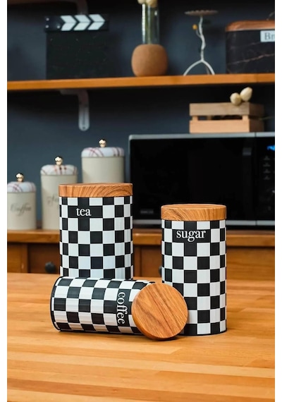 Ucr Home 3&apos Lü Set Metal Çay Kahve Şeker Saklama Kavanozu - Dama Desenli 12 Izgara