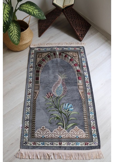 Lale Desenli Astarlı Lüks Seccade S1002 Gri Gri
