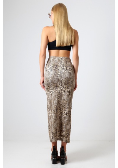Gugus Kadın Derin Yırtmaçlı Dijital Baskılı Etek Maxi Boy 92 Cm Leopar Orjinal