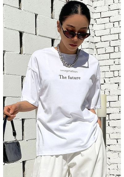 Uyguntarz Unisex The Future Baskılı Oversize T-shirt Beyaz