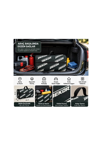 Dekor Desenli Araba Bagaj Çantası Oto Bagaj Organizer Kapaklı Cırtlı Düzenleyici 45x25x15 Cm - 938777378