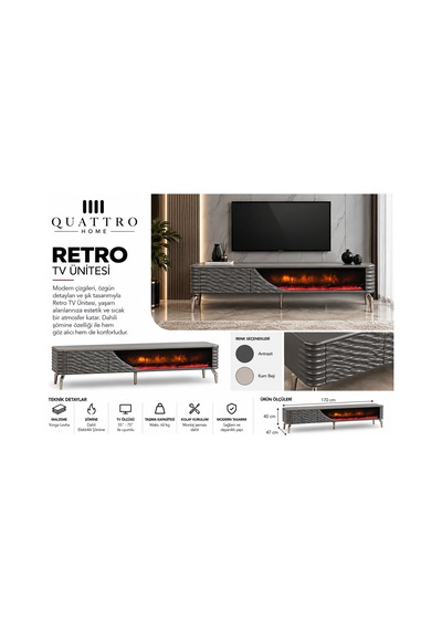 Retro Elektrikli Şömineli Tv Ünitesi 170 Cm Antrasit Krom Ayaklı Dalgalı Kapaklı Modern Tv Sehpası Retro Elektrikli Şömineli Tv Ünitesi 170 Cm Antrasit Krom Ayaklı Dalgalı Kapaklı Modern Tv Sehpası
