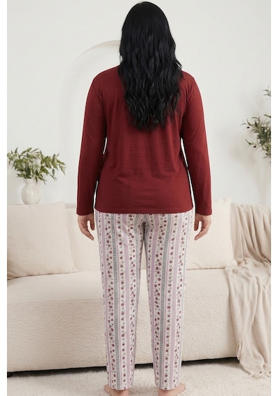 Siyah İnci Nakışlı Düğmeli Pamuklu Likralı Büyük Beden Battal Boy Örme Pijama Takım 26240948 Bordo