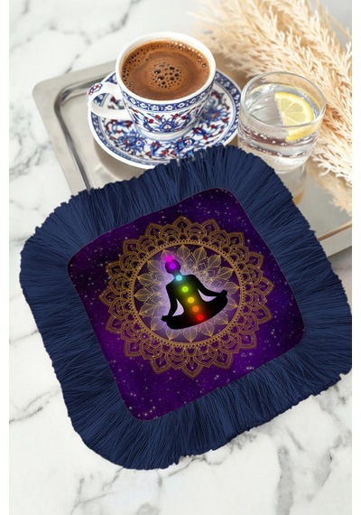 Mandala Saçaklı Sunum Peçetesi - Meditasyon Temalı Bohem Mor Lacivert Bardak Altlığı Mendil Çok Renkli