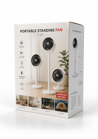 Vantilatör 3 Kademeli Ayaklı Fan 10 Watt Sessiz Çalışma Şarjlı Bataryalı 4000 Mah Type C Port