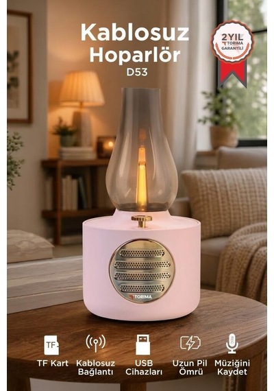 Delux Serisi Bluetooth Hoparlör Vintage Gaz Lambası D53 Pembe Retro Sesli Eğlence