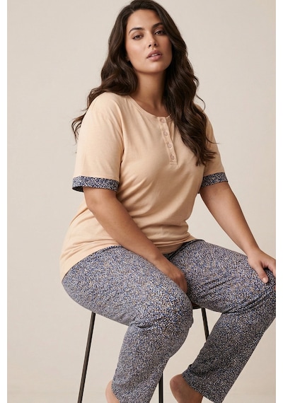 Siyah İnci Ten Rengi Desenli Büyük Beden Battal Boy Viskon Örme Pijama Takım 26120985