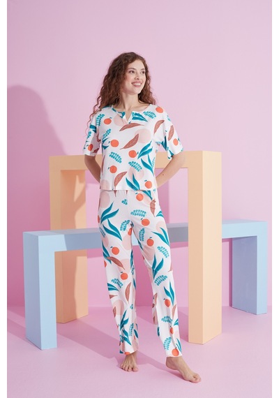 Siyah İnci Likralı Örme Pijama Takım 7803 Beyaz Portakal