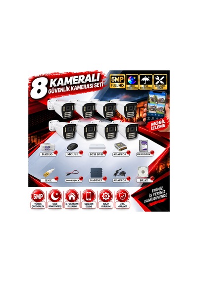 8 Kameralı Güvenlik Kamerası Seti 5mp Yapay Zeka Gece Renkli Görüş 21 Warm Led Ultra Hd 521w