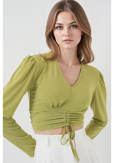 Hiccup Bdart Drapeli V Yaka Dikişli Crop Top Yeşil