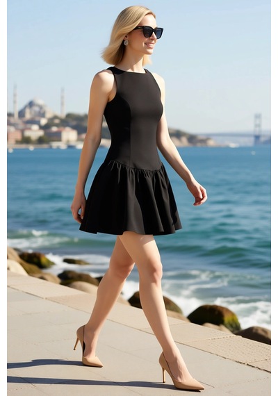 Benerly Kadın Kolsuz Kayık Yaka Skater Mini Elbise %100 Pamuk Gabardin Do Siyah Benerly Kadın Kolsuz Kayık Yaka Skater Mini Elbise %100 Pamuk Gabardin Do Siyah
