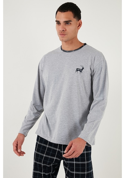 Buratti Pamuklu Regular Fit Bisiklet Yaka Ekoseli Erkek Pijama Takımı 6574001 Gri
