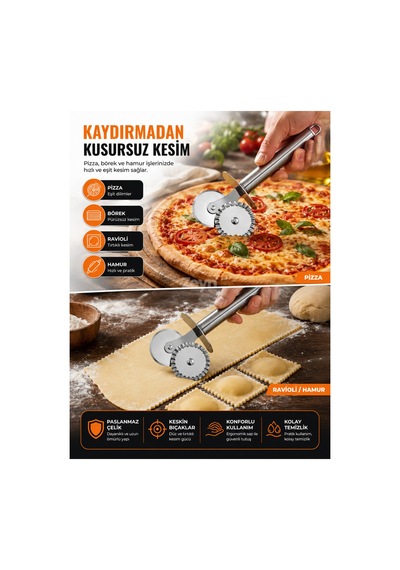 Paslanmaz Çelik Çift Taraflı Pizza Ve Hamur Kesici Metal Ravioli, Börek Ve Kurabiye Kesme Ruleti Gri
