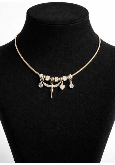 Işıltılı Melek Kanadı Ve Kalp Detaylı Gold Charm Kolye